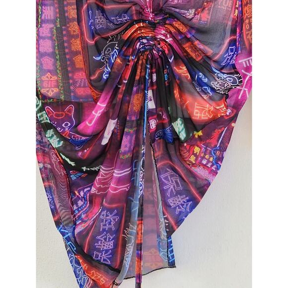 Missguided Hong Kong Scenic Nightlife Mesh Bodycon Dress 10 Gathered Tie Hem - Picture 6 of 9